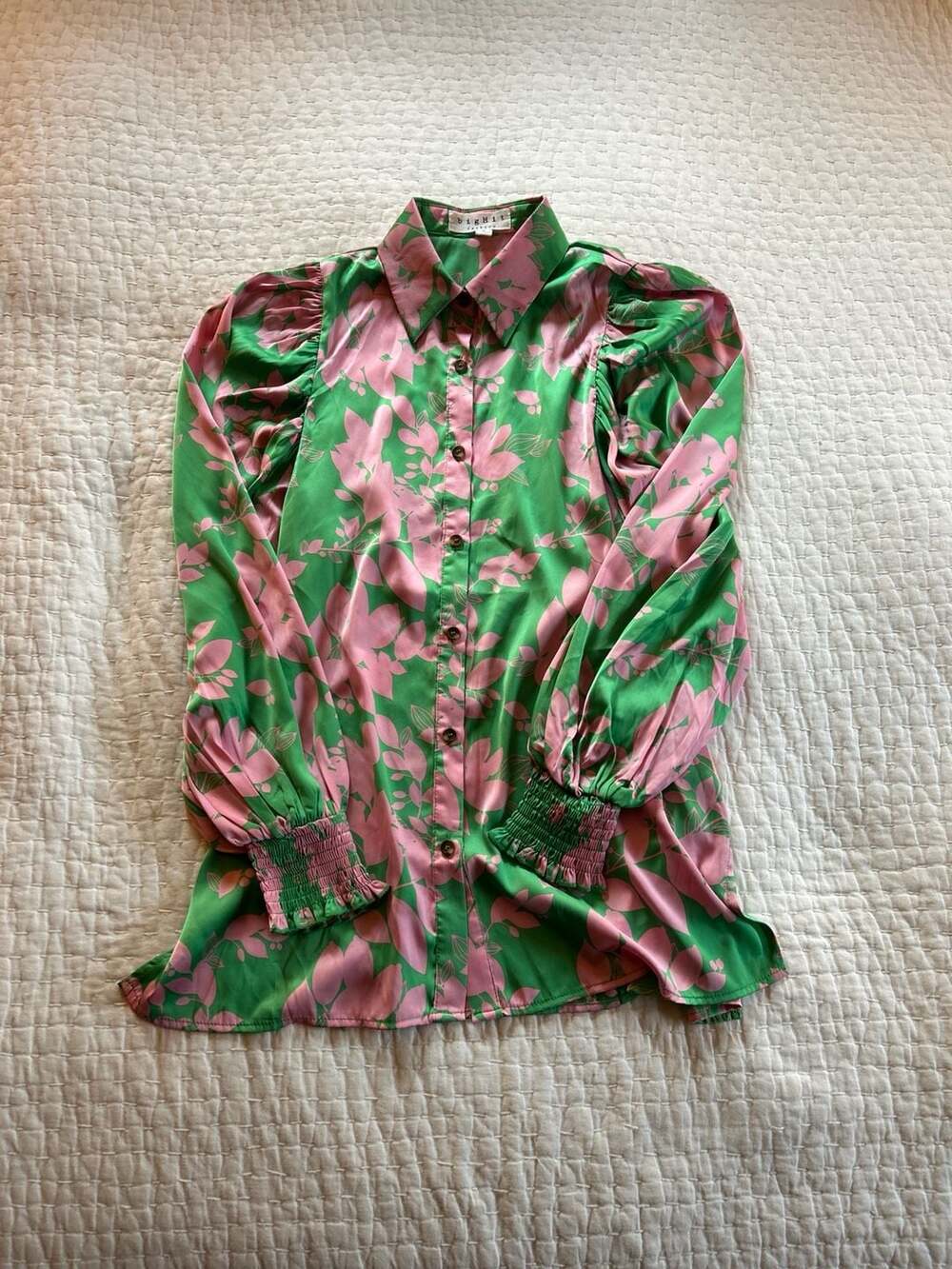 Big Hit Fashion Green and Pink Floral Satin Button Down Blouse W/ Smocked Cuffs
